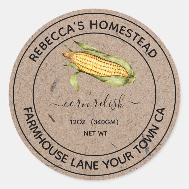 Corn Relish Kraft Paper Canning Jar Labels (Front)