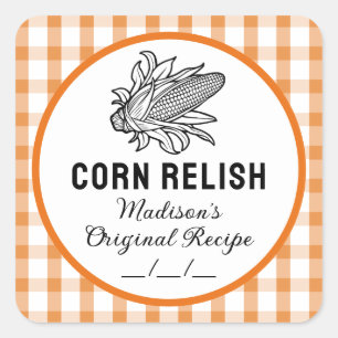 Corn relish label with orange checkered pattern