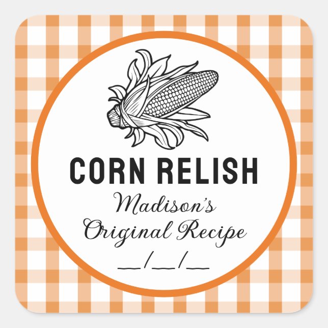 Corn relish label with orange checkered pattern (Front)