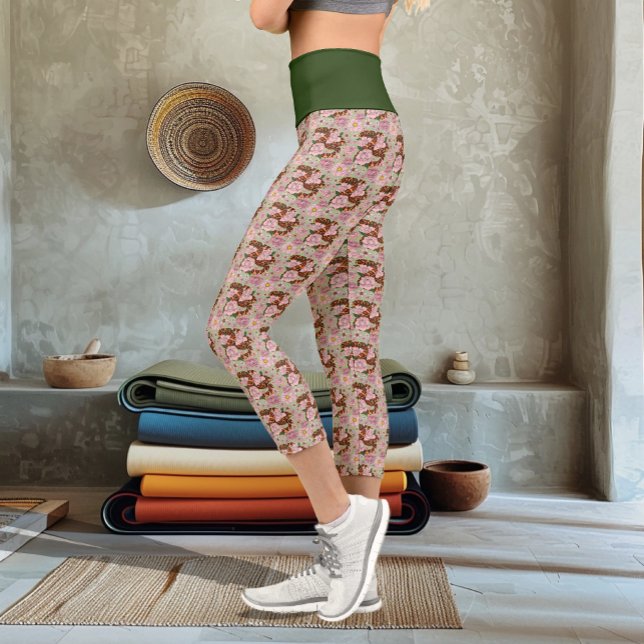 Corn Snake Pink Flowers Green Capri Leggings (Creator Uploaded)