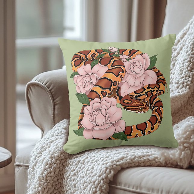 Corn Snake Pink Flowers Green Throw Pillow (Creator Uploaded)