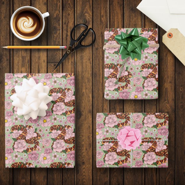 Corn Snake Pink Flowers Green Wrapping Paper Sheets (Creator Uploaded)