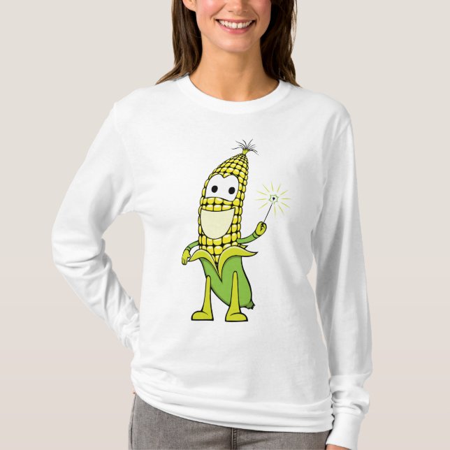 Corn Wizard Character with Magic Wand T-Shirt (Front)