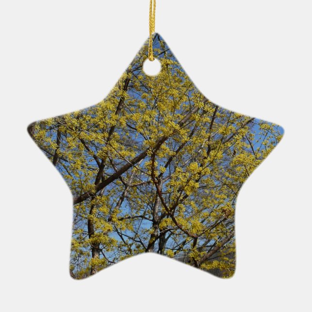 Cornelian Cherry Dogwood and Blue Sky Floral Ceramic Ornament (Front)