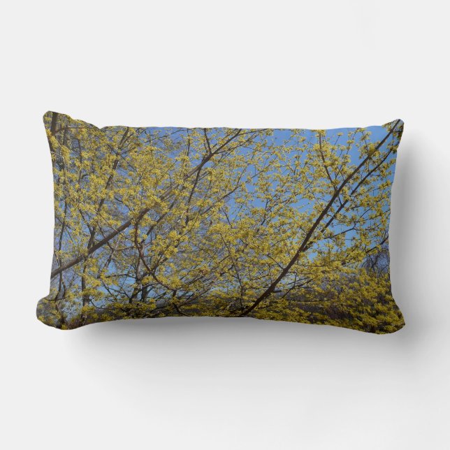 Cornelian Cherry Dogwood and Blue Sky Floral Lumbar Pillow (Front)