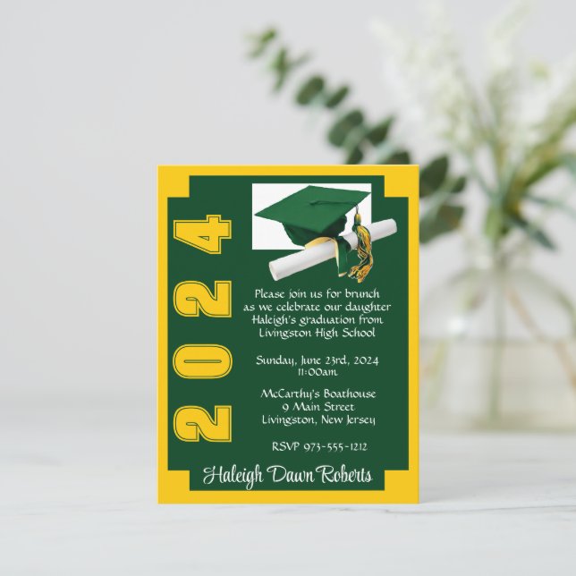 Corner Block Green & Gold Graduation Invitation (Standing Front)
