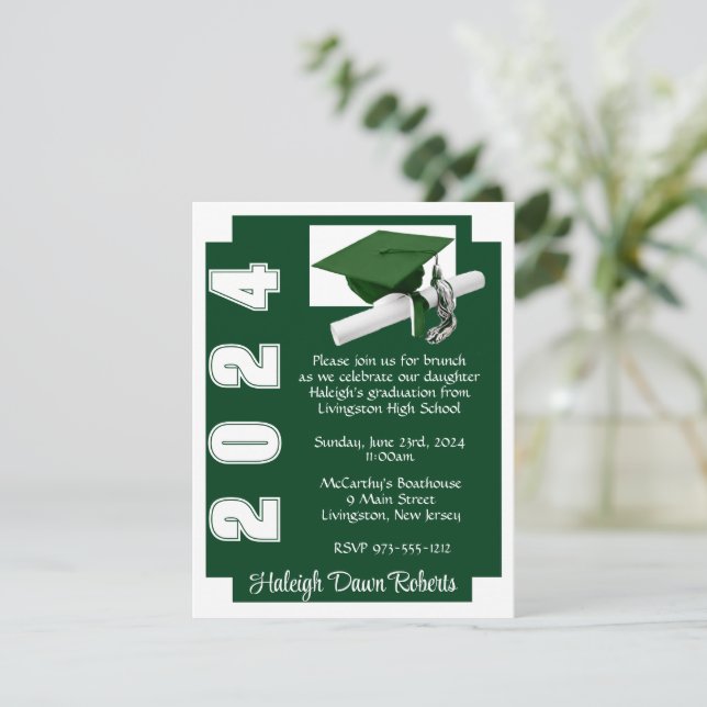 Corner Block Green & White Graduation Invitation (Standing Front)