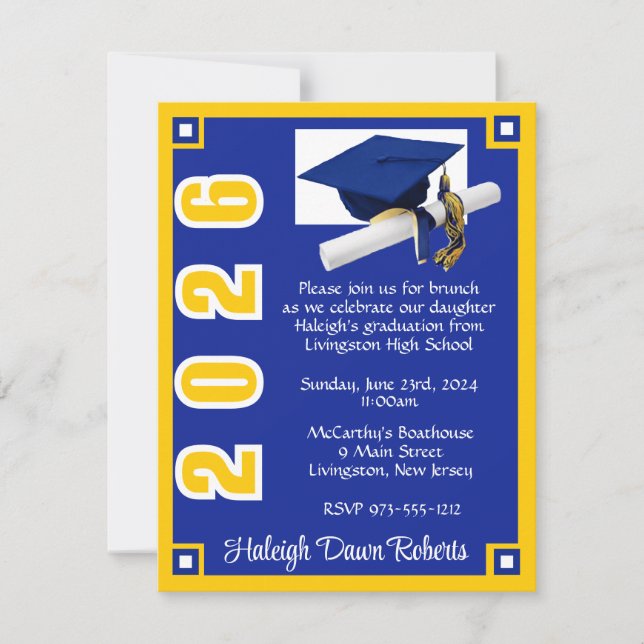 Corner Block Royal Blue & Gold Graduation Invitation (Front)