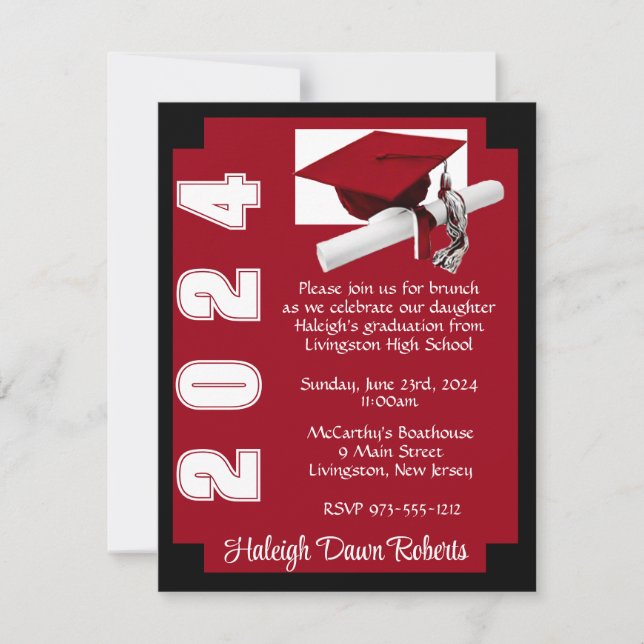 Corner Block Scarlet Red & Black Graduation Invitation (Front)