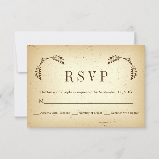 Corner brown leaves beige wedding RSVP reply card (Front)