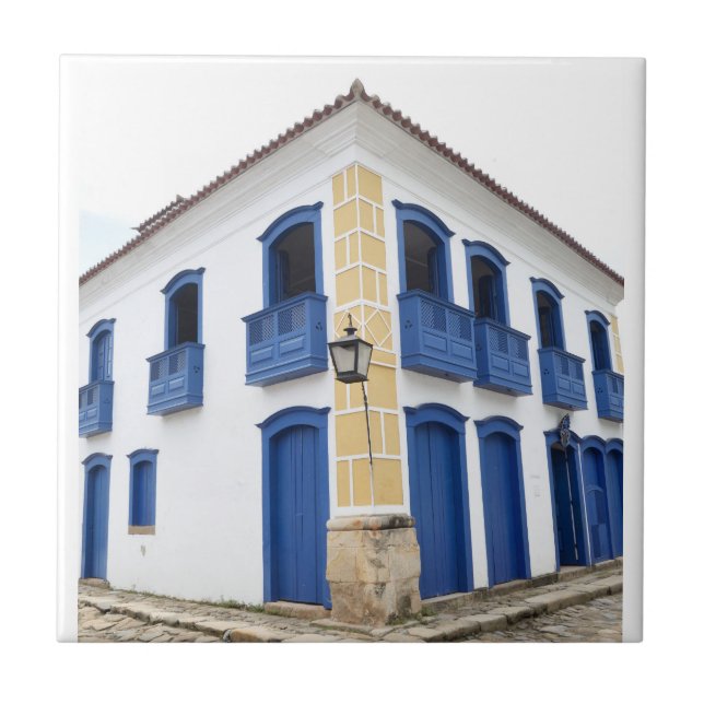 Corner Building Blue Trim, Paraty, Brazil, Tile (Front)
