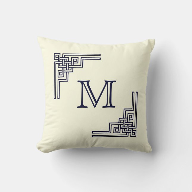 Corner Knot Navy and Ivory Decor Monogram Pillow (Front)