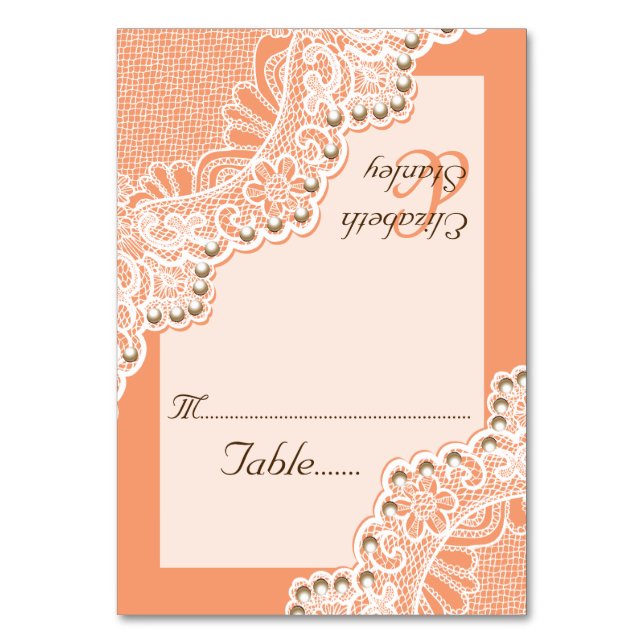 Corner lace with pearls coral wedding place card (Front)