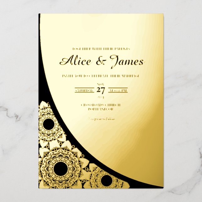 Corner Mandala Elegant Black Gold Foil Wedding Invitation (Front)
