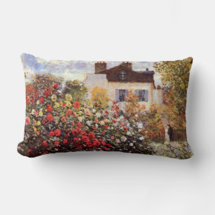Corner of the Garden with Dahlias Monet Fine Art Lumbar Pillow