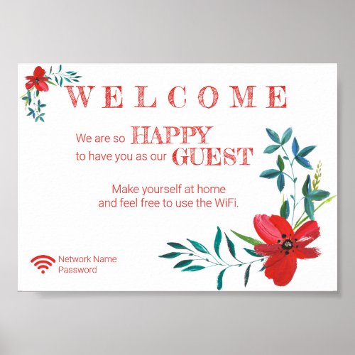 Corner Red Flowers Welcome Guest Wifi Password Poster