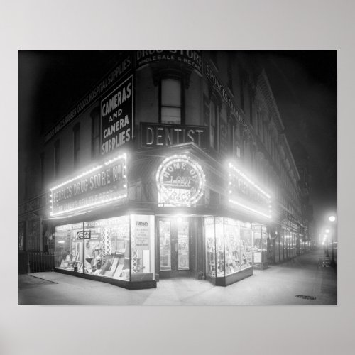 Corner Store At Night 1920 Vintage Photo Poster