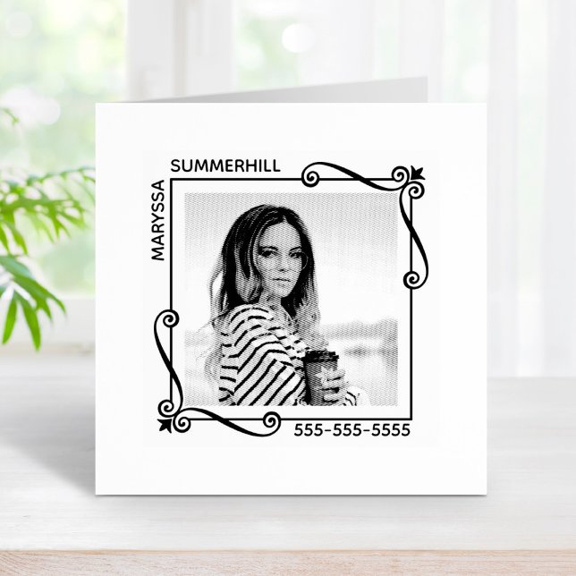 Corner Swirls Square Frame Custom Photo Text Rubber Stamp (Creator Uploaded)