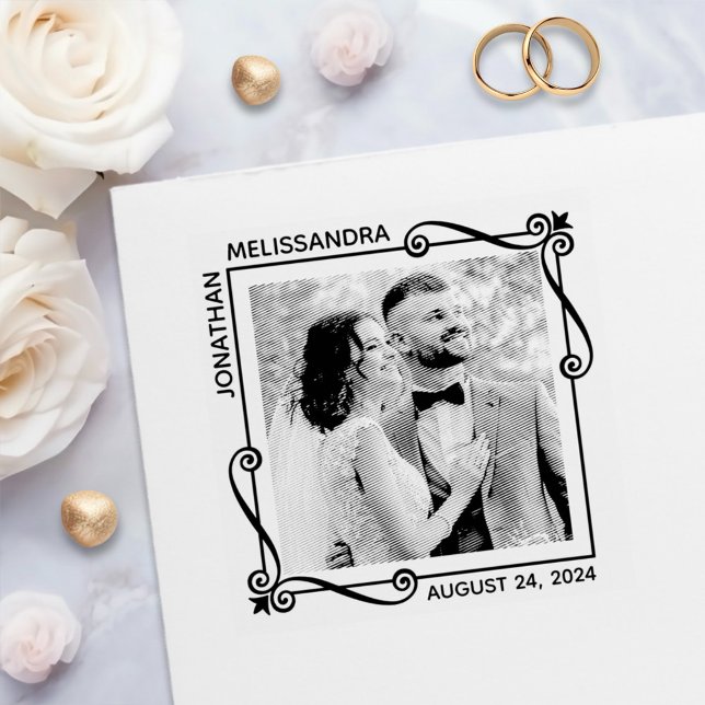 Corner Swirls Wedding Save the Date Custom Photo Self-inking Stamp (Creator Uploaded)