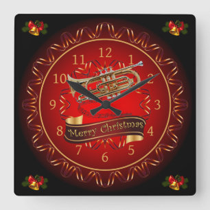 Cornet ~ Merry Christmas ~ Maroon & Black ~ Square Wall Clock