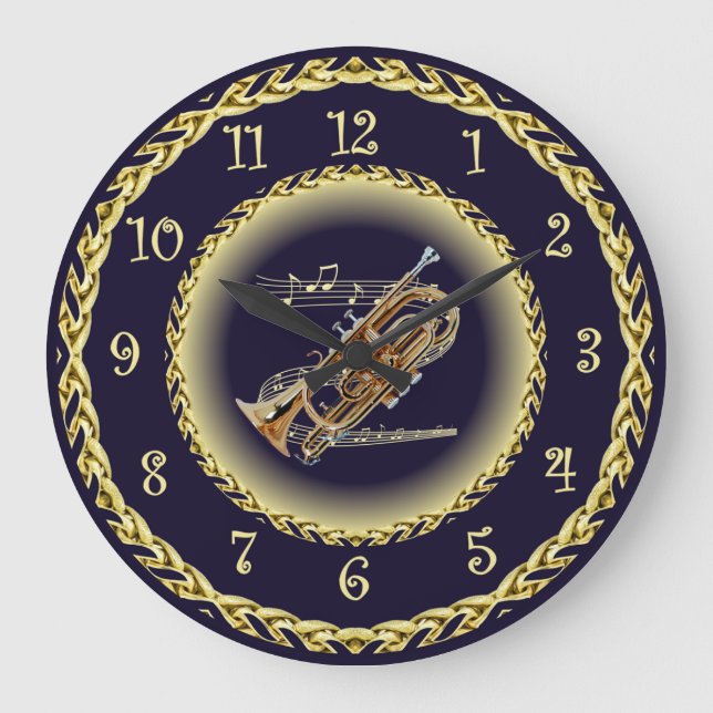 Cornet ~ Musical Scroll ~ Gold/Navy Blue ~  Large Clock (Front)
