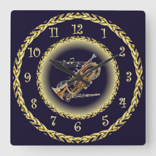 Cornet ~ Musical Scroll ~ Gold/Navy Blue ~ Square Wall Clock