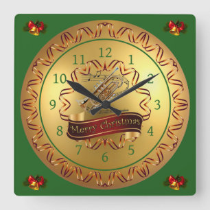 Cornet ~ Musical Scroll ~ “Merry Christmas” Square Wall Clock