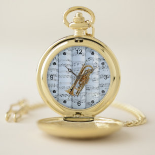 Cornet ~ Rolled Sheet Music ~ Blue Tint Background Pocket Watch