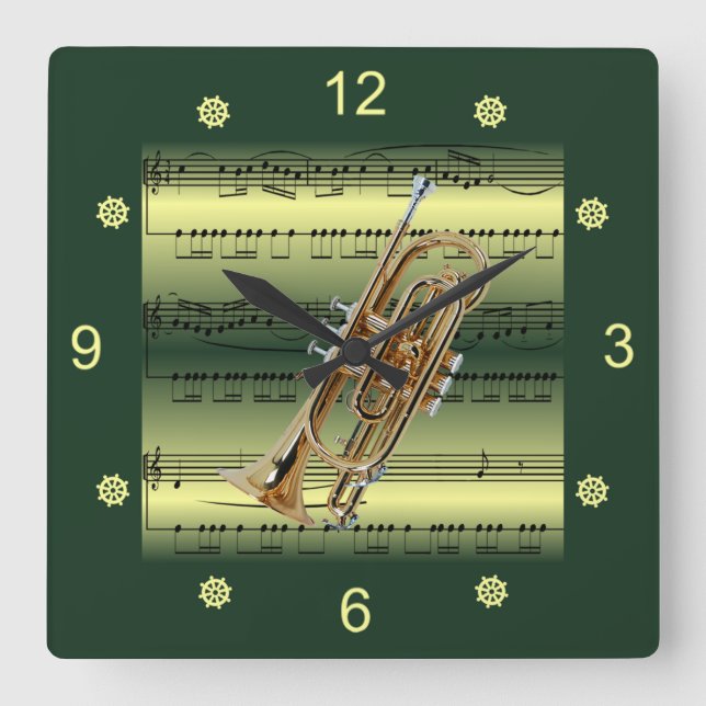 Cornet~Rolled Sheet Music~Gold/Green Background~  Square Wall Clock (Front)