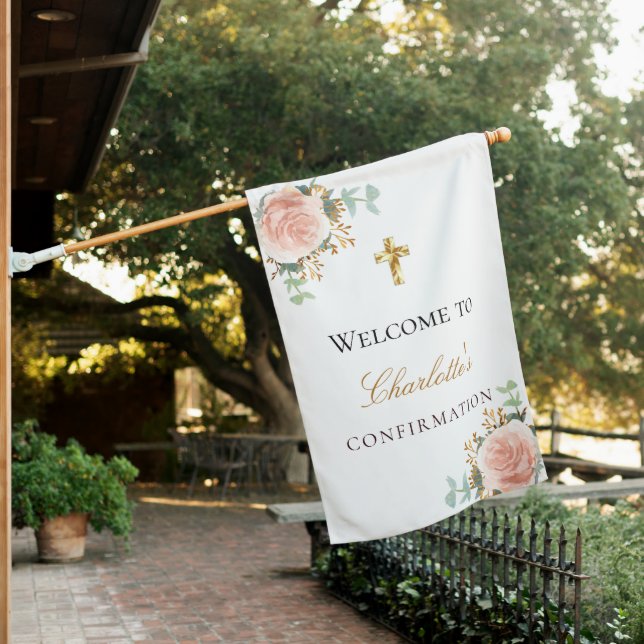 Cornfirmation blush pink floral eucalyptus welcome house flag (In SItu)