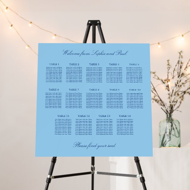 Cornflower Blue 14 Table Seating Chart Foam Board (In Situ (Stand))