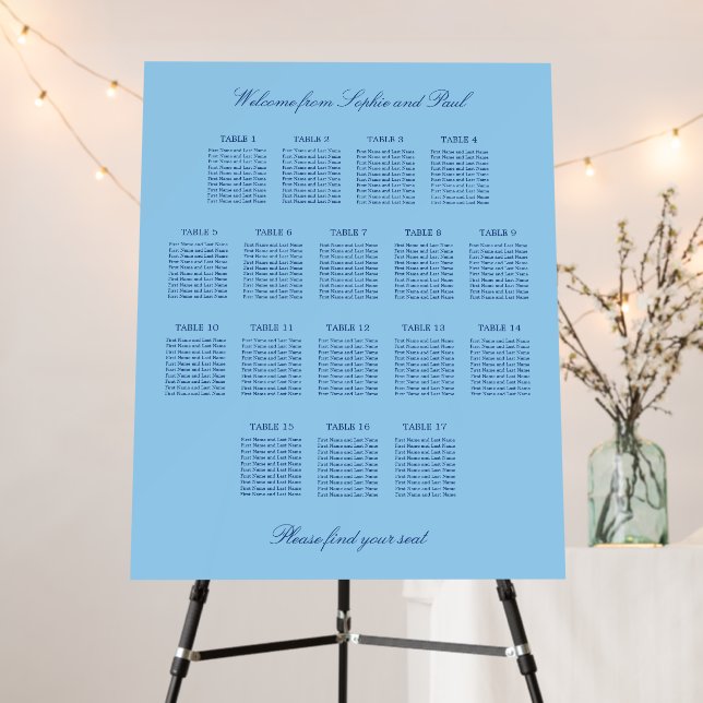 Cornflower Blue 17 Table Seating Chart Foam Board (In Situ (Stand))