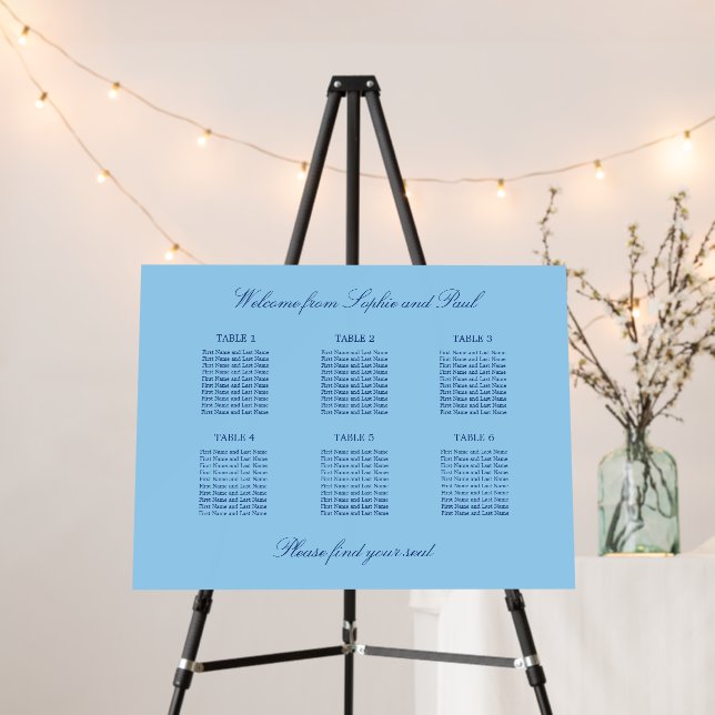 Cornflower Blue 6 Table Seating Chart Foam Board (In Situ (Stand))
