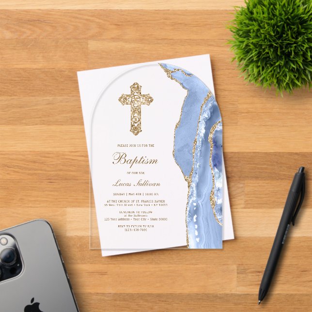 Cornflower Blue Agate Baptism Acrylic Invitations (Insitu (Invitation Card))