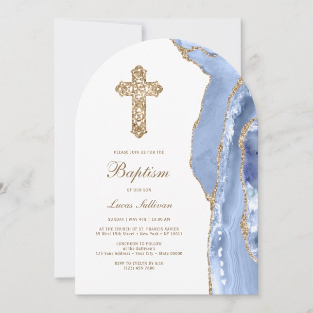 Cornflower Blue Agate Baptism Invitation (Front)