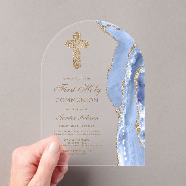 Cornflower Blue Agate First Communion Acrylic Invitations (Insitu (Handheld))