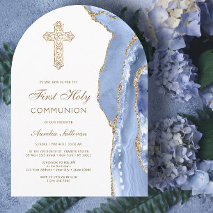 Cornflower Blue Agate First Communion Invitation