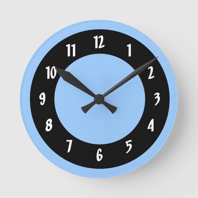Cornflower Blue and Black Circles Round Clock (Front)