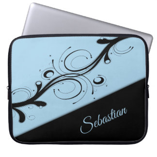 Cornflower Blue and Black Scroll Accent Personal Laptop Sleeve