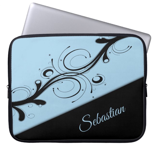 Cornflower Blue and Black Scroll Accent Personal Laptop Sleeve (Front)