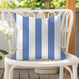 Cornflower Blue and White Awning Stripes Outdoor Pillow