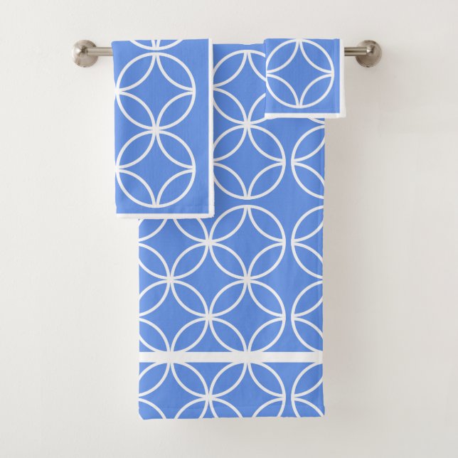 Cornflower blue and white geometric pattern bath towel set (Insitu)