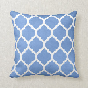 Cornflower Blue and White Trellis Quatrefoil Throw Pillow