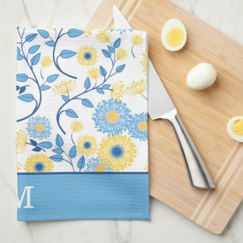 Cornflower Blue and Yellow Floral Pattern Monogram Kitchen Towel