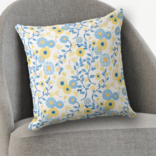 Cornflower Blue and Yellow Floral Pattern Throw Pillow