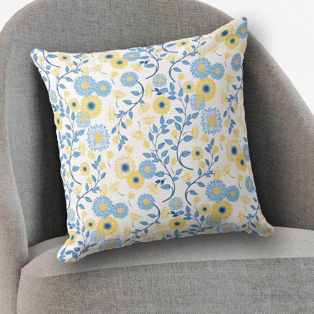 Cornflower Blue and Yellow Floral Pattern Throw Pillow (Creator Uploaded)
