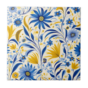 Cornflower Blue and Yellow Leaves Pattern Ceramic Tile