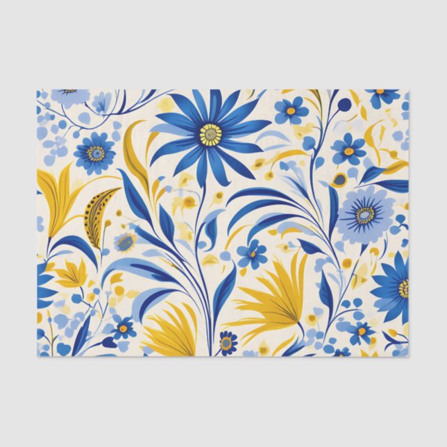 Cornflower Blue and Yellow Leaves Pattern Tissue Paper (Front)