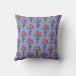 Cornflower blue Bohemian Mushroom Print Throw Pillow