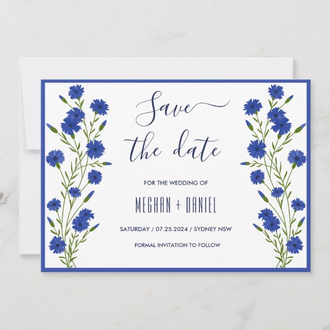 Cornflower Blue Botanical Wedding Save Date Invitation (Front)